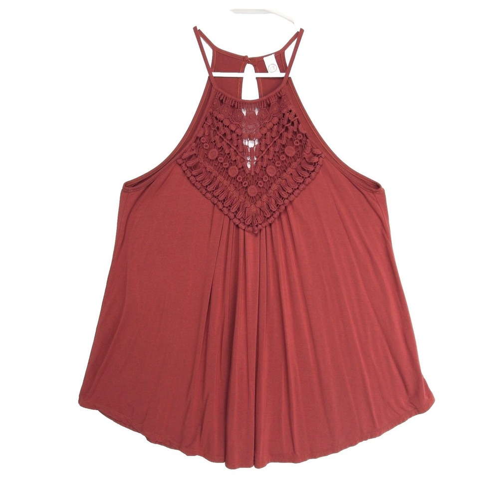CY‎ Crochet Halter Rust Keyhole Boho Festival Sheer Panel Long Tank Top Womens M